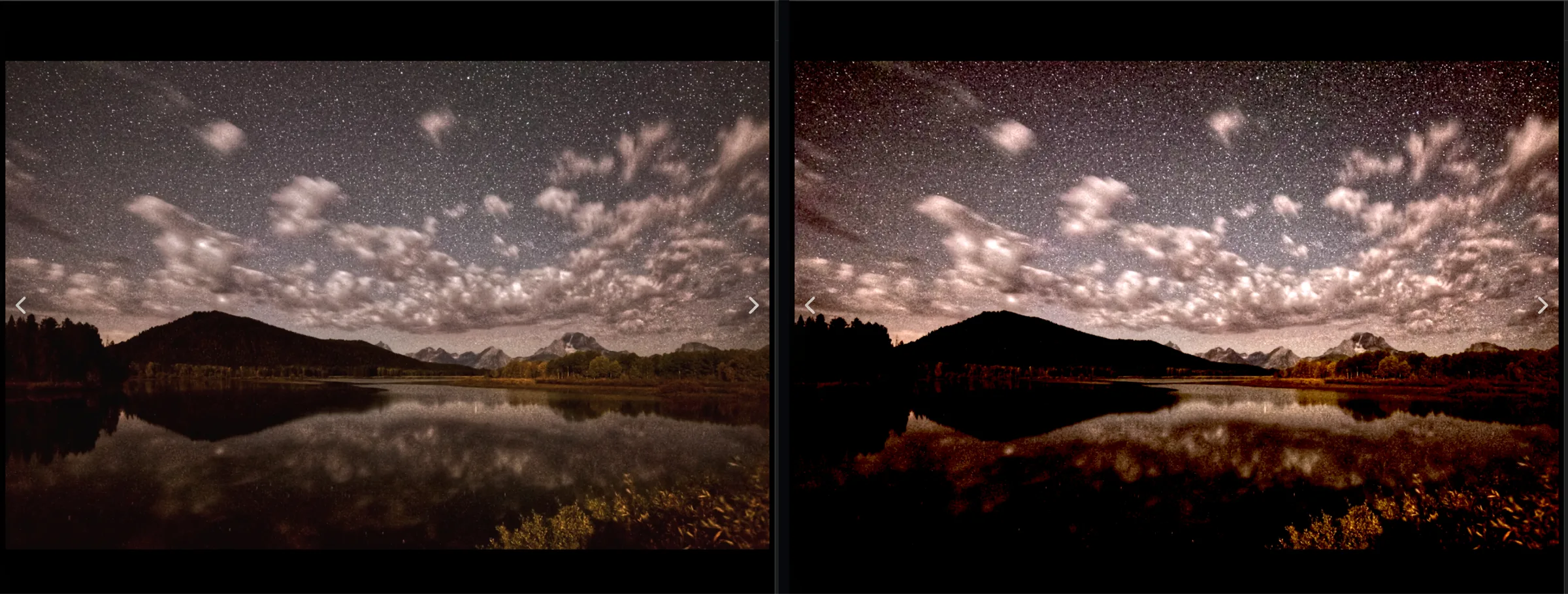 The same night photograph of a lake below a mountain, side by side. On the left, before Auto-Enhance: flat and hazy. On the right, after: brighter with deeper blacks and more defined clouds. Auto-Enhance moved only Exposure and Contrast, leaving every colour slider at zero.