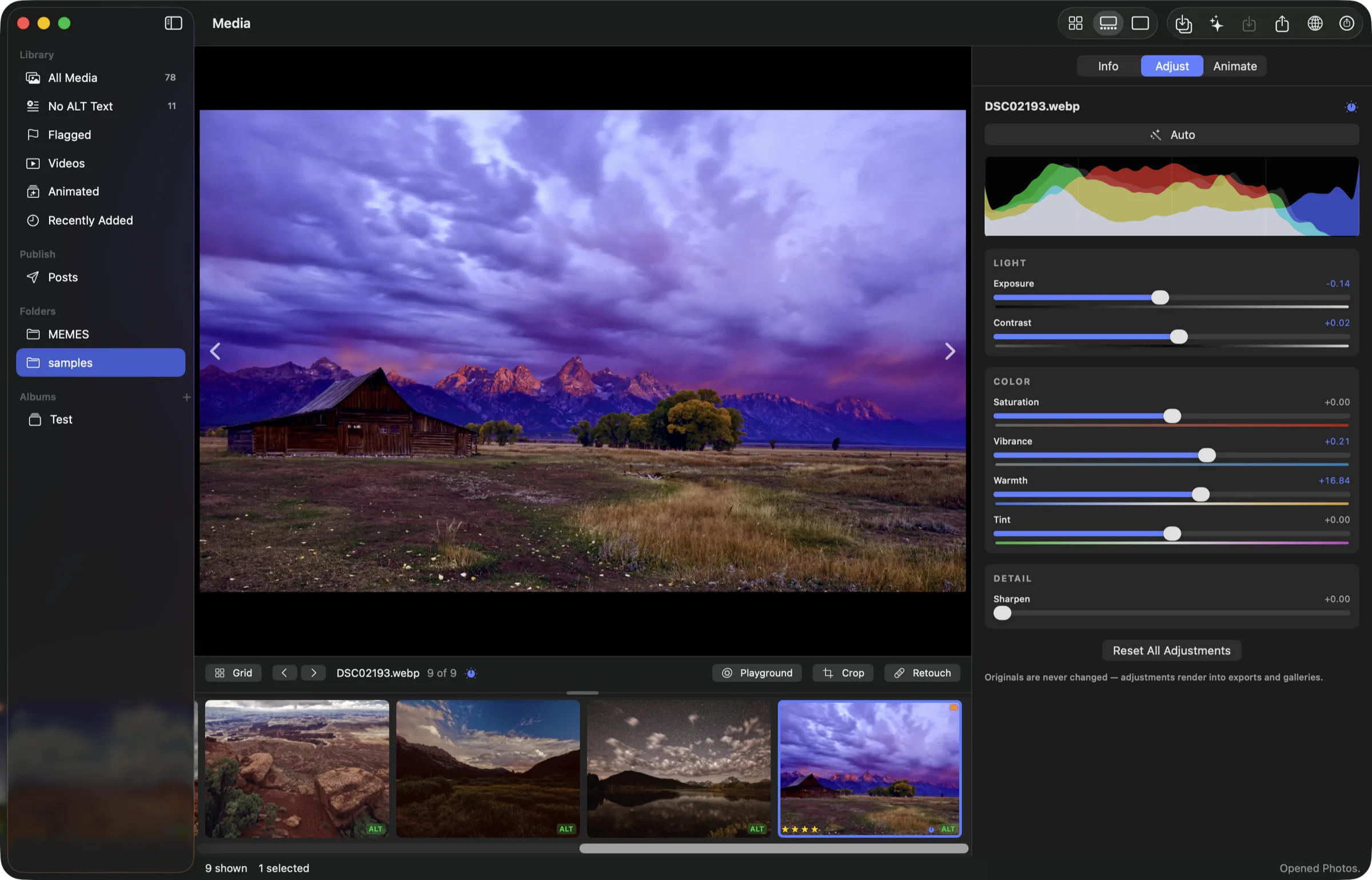 Split View while editing: a weathered barn stands before the Teton range under a vivid purple and pink sunset. The Adjust panel on the right shows a live RGB histogram above the LIGHT, COLOR, and DETAIL groups, with Exposure, Contrast, Vibrance, and Warmth showing accent-coloured values where they have been moved. A note underneath reads “Originals are never changed — adjustments render into exports and galleries.”