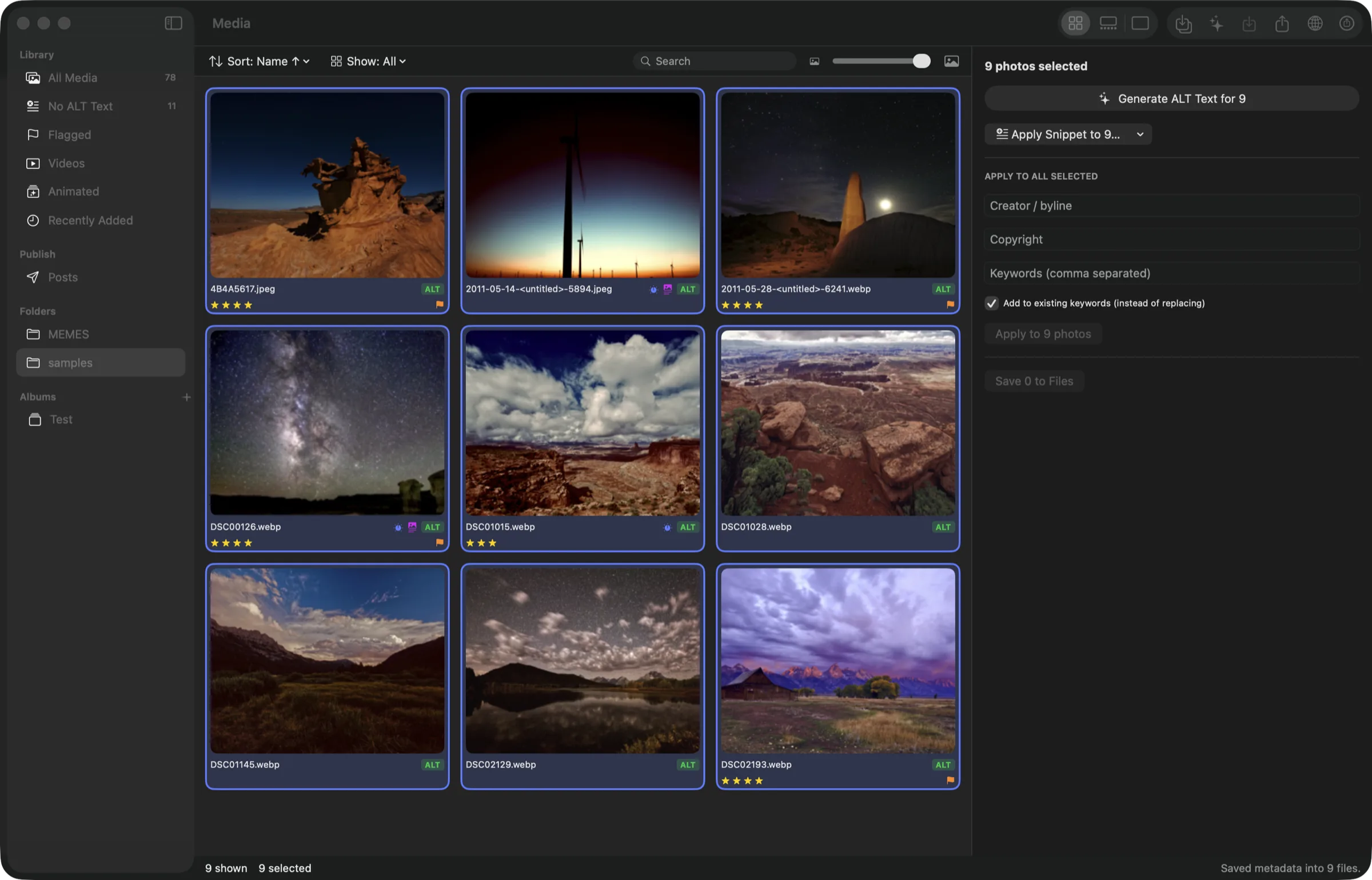 Nine night landscapes in the grid after a batch run, every one now carrying a green ALT badge. The inspector reads “9 photos selected” above Generate ALT Text for 9, and the status bar confirms “Saved metadata into 9 files.”