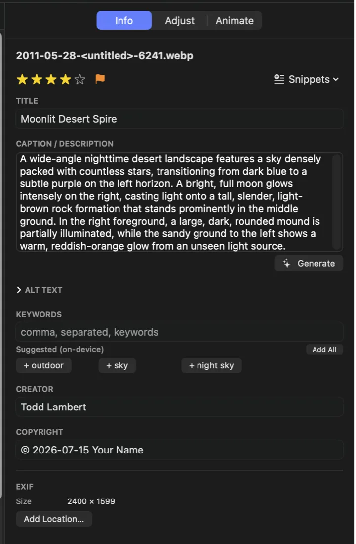 The inspector just after generating: the title reads “Moonlit Desert Spire” and the caption describes a wide-angle night desert landscape — a star-packed sky shading from dark blue to purple, a bright full moon lighting a tall slender rock formation, and a warm reddish glow on the sand. Below sit the ALT TEXT section, on-device keyword suggestions, creator, copyright, and EXIF size.
