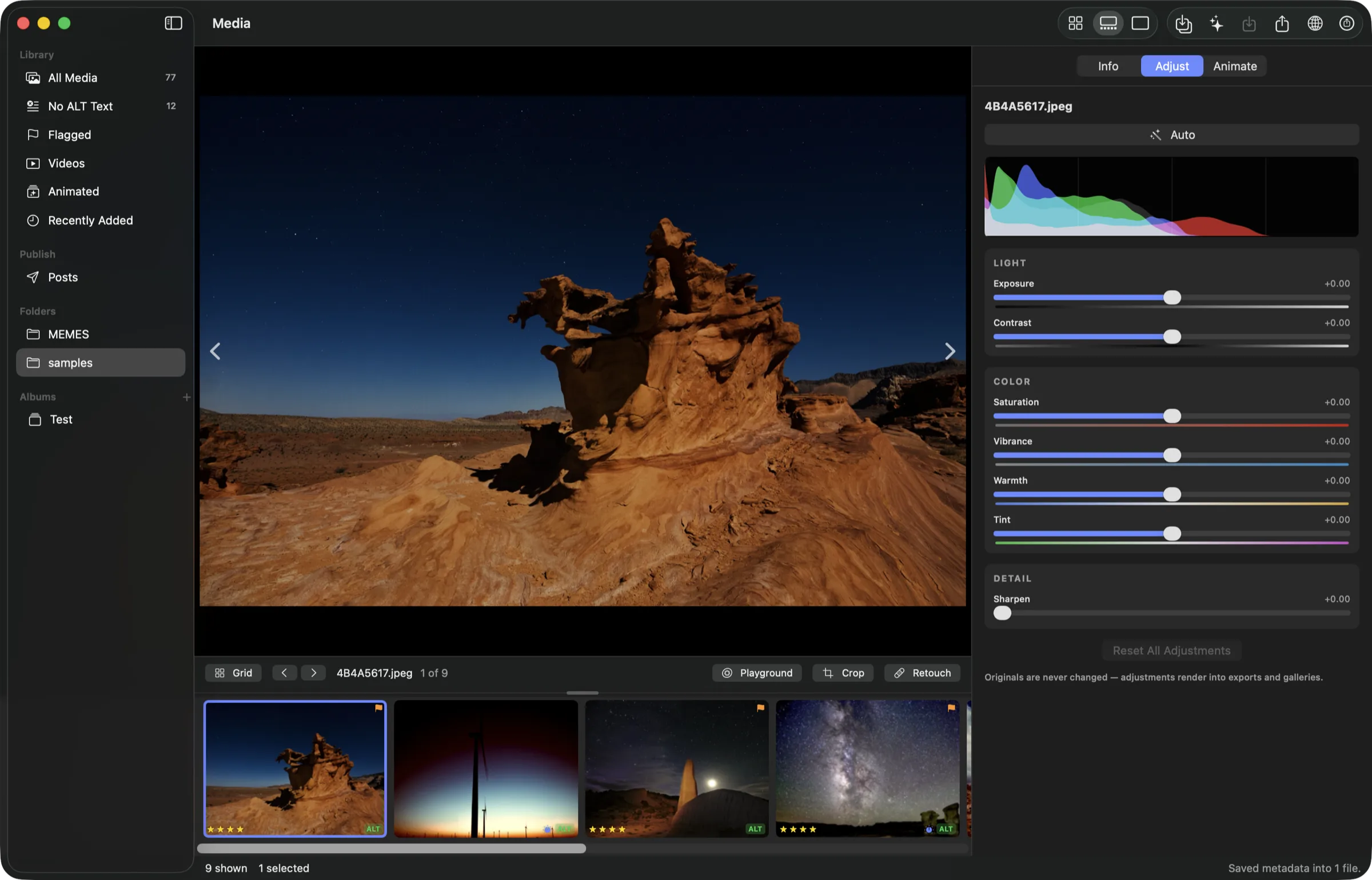 ALTer in Split View: a floodlit sandstone rock formation under a night sky fills the viewer, a filmstrip of rated landscape thumbnails runs below it, and the Adjust panel on the right shows a live RGB histogram over the Exposure, Contrast, Saturation, Vibrance, Warmth, Tint, and Sharpen sliders. The tray under the photo offers Grid, Playground, Crop, and Retouch.