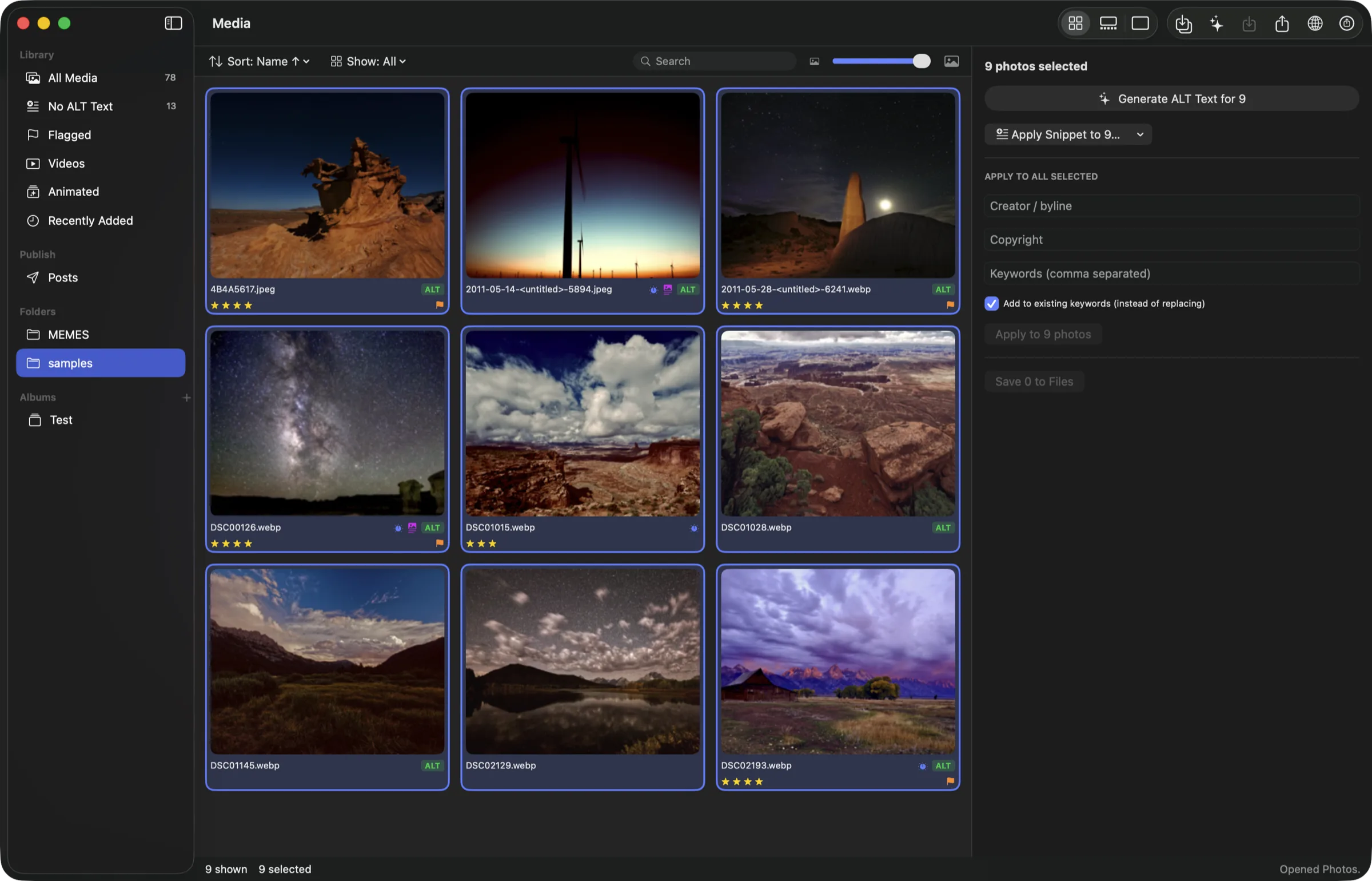 Nine night landscapes selected in the grid, each outlined and badged ALT. The inspector reads “9 photos selected” above Generate ALT Text for 9 and Apply Snippet to 9, then an Apply to All Selected section with Creator, Copyright, and Keywords fields and a checked “Add to existing keywords (instead of replacing)” toggle.