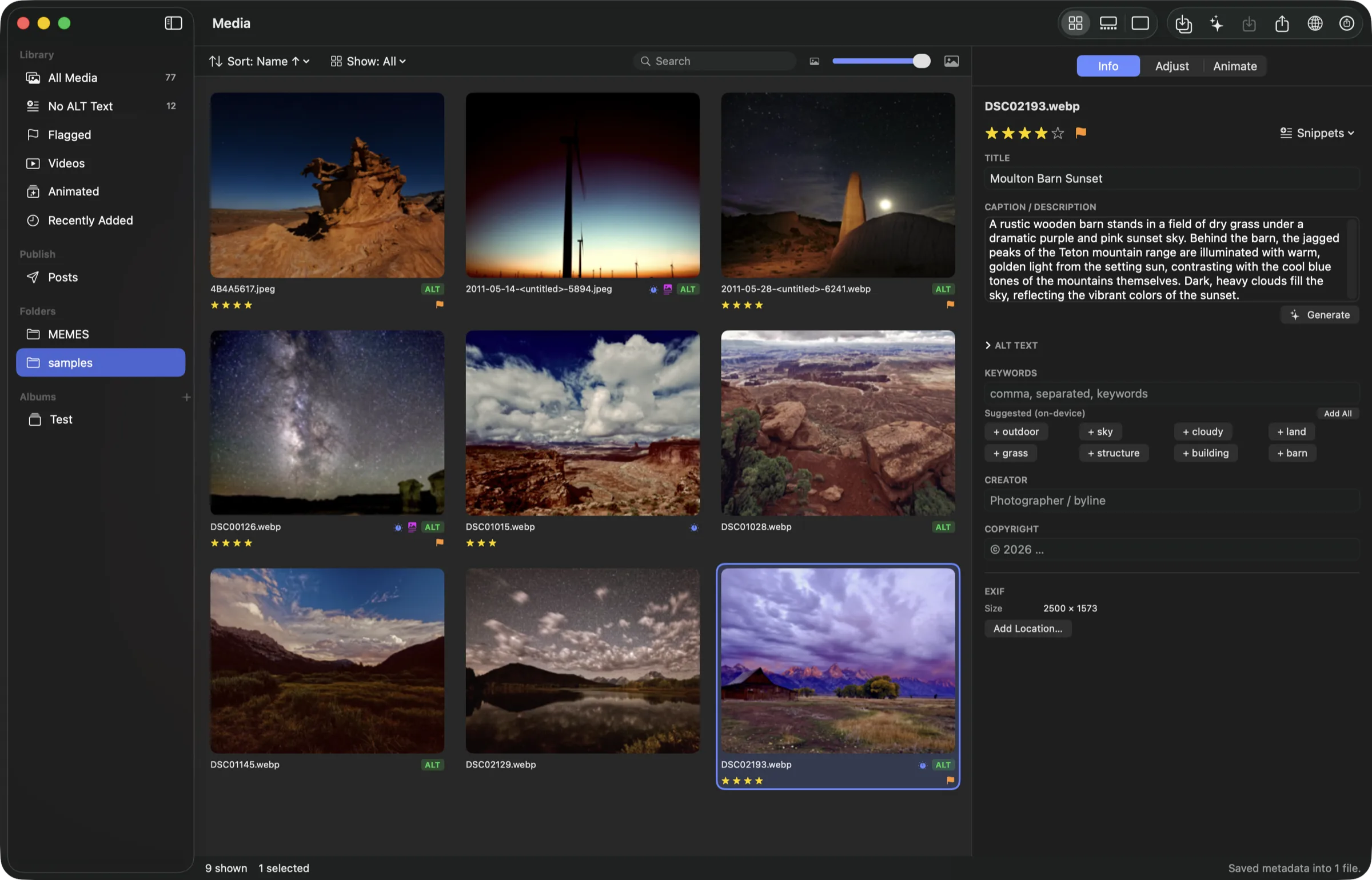 ALTer’s Browser view: a grid of landscape photos wearing star ratings, orange flags, and green ALT badges. The sidebar lists All Media (77), No ALT Text (12), Flagged, Videos, Animated, and Recently Added plus folders and an album. The inspector shows a photo titled Moulton Barn Sunset with its full caption and on-device suggested keywords like outdoor, sky, and barn.