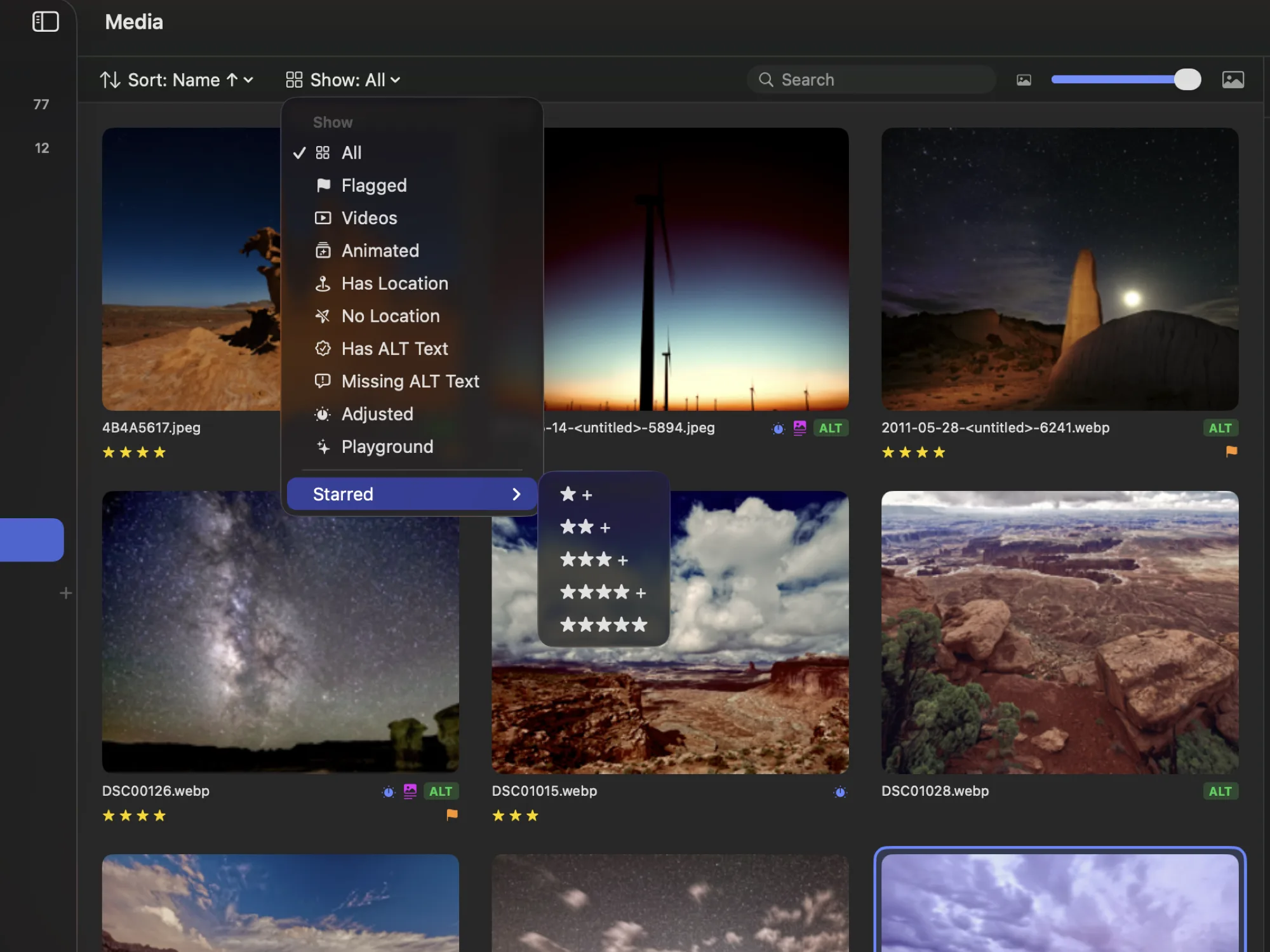 The filter menu open over the photo grid: All checked, then Flagged, Videos, Animated, Has Location, No Location, Has ALT Text, Missing ALT Text, Adjusted, and Playground, with the Starred submenu expanded to show one-star-and-up through five-star thresholds.