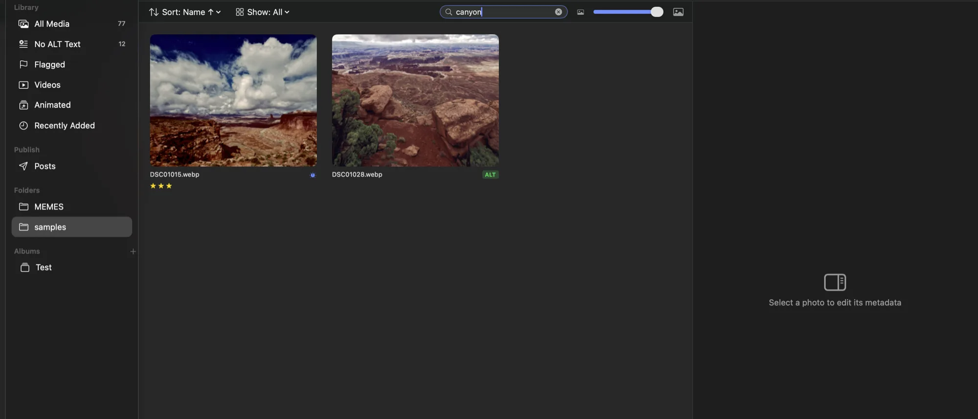 The browser bar with “canyon” typed into the search field and the grid narrowed to two canyon photographs; the status bar reads 2 shown.