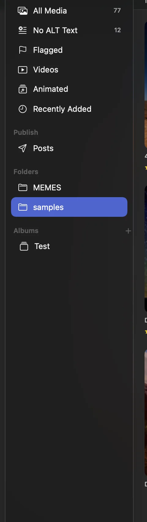 The sidebar source list: All Media with a count of 77, No ALT Text with 12, Flagged, Videos, Animated, and Recently Added under Library; Posts under Publish; two folders; and an album.