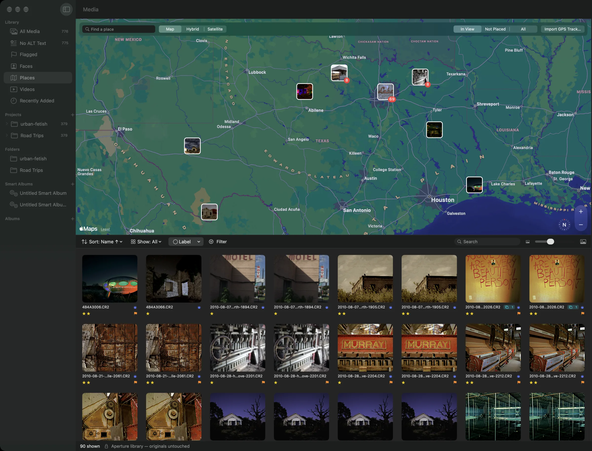Alter’s Places view: a map of Texas with photo thumbnails pinned where they were taken — groups near Dallas, Wichita Falls and Texarkana with counts on them, single photos near El Paso, Abilene and Houston. Under the map, the browser shows the photos in view: night shots of a Futuro house, motel signs, rusted machinery and an old textile mill.