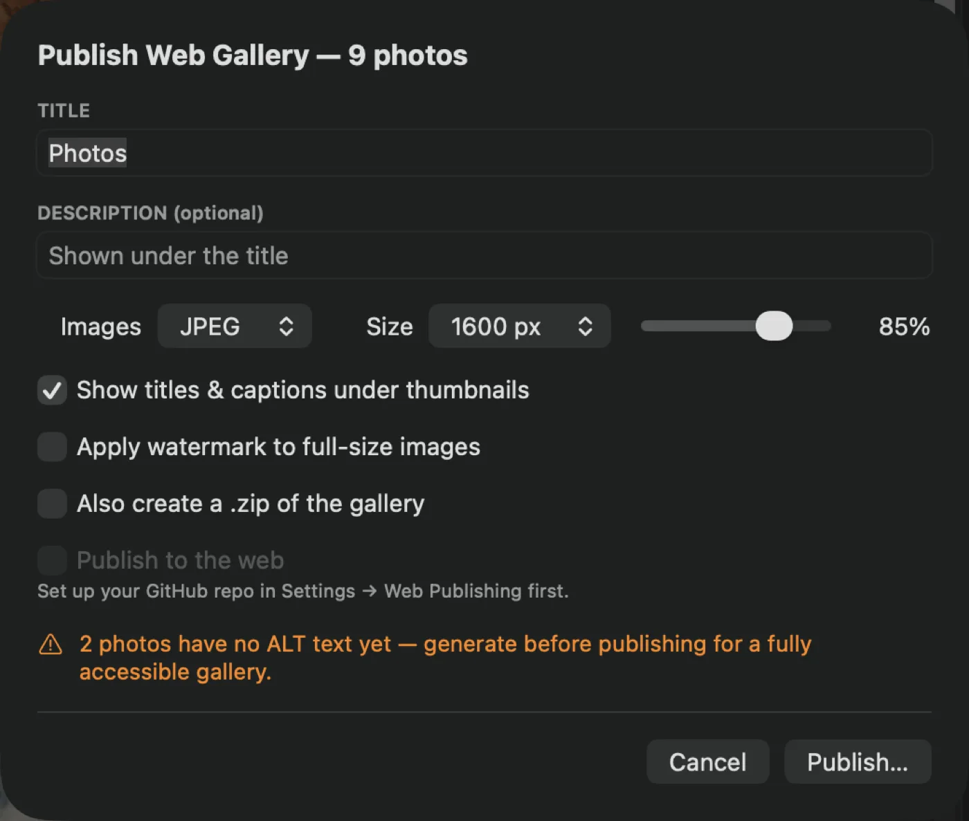 The same publish sheet with the warning state instead: an orange caution line reading “2 photos have no ALT text yet — generate before publishing for a fully accessible gallery.”