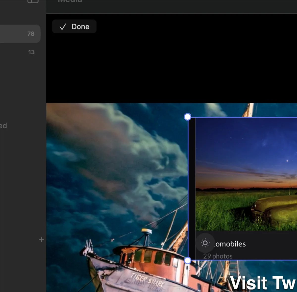 A picture-in-picture video layer playing over the base clip: a second video of a rusted car in a moonlit field sits inside a selection box with corner handles and a rotation knob, composited over the night boat footage, with the caption “Visit Twilightscapes.com” below it.