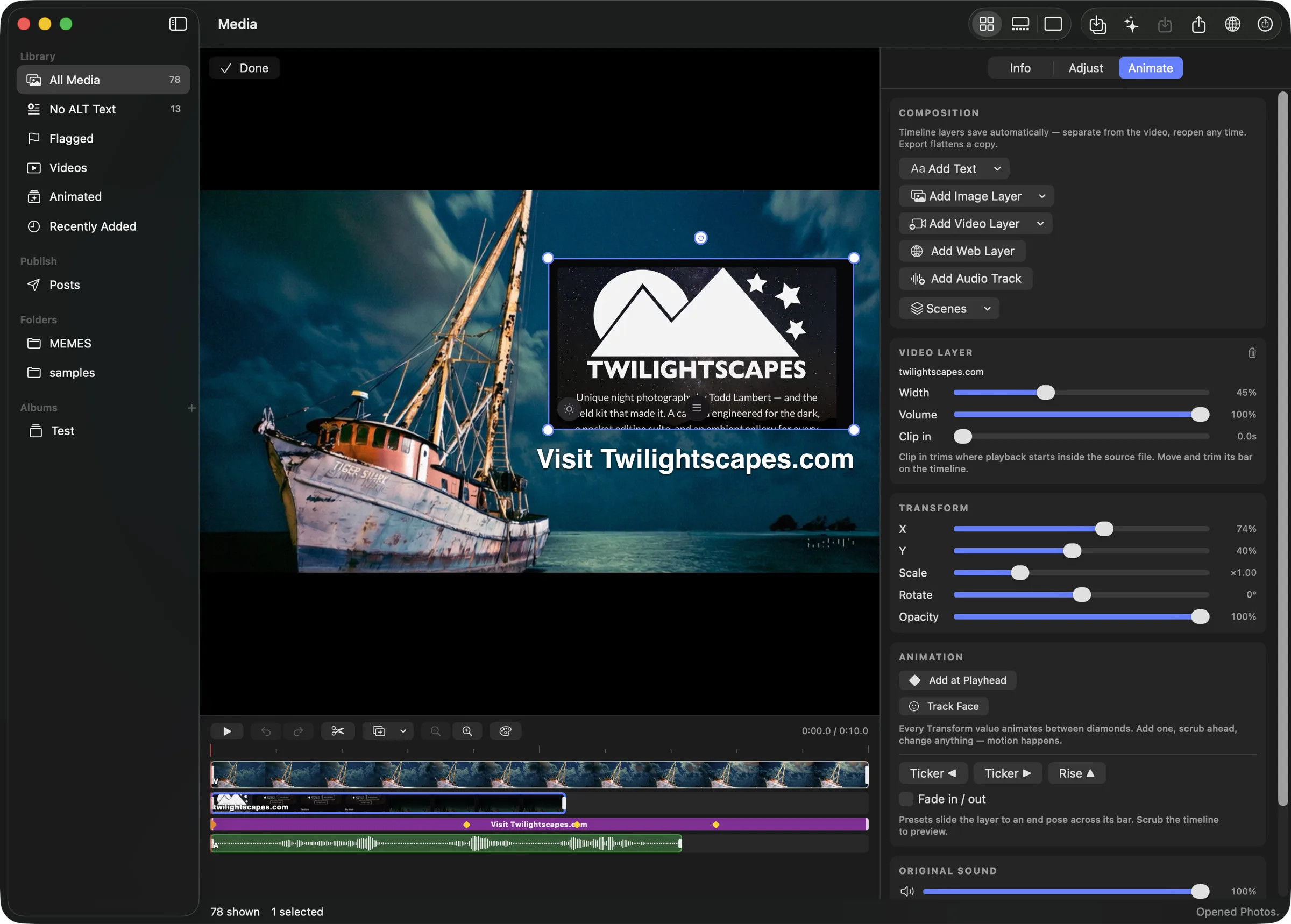 A recorded web page now living on the timeline as an ordinary video layer: its bar is named twilightscapes.com and carries a filmstrip of the captured page scrolling, sitting above the caption and audio tracks. The inspector shows the usual VIDEO LAYER controls — width, volume, clip in — and full Transform sliders.